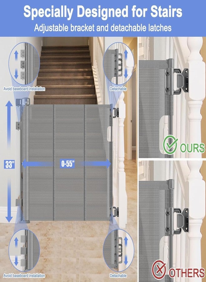 بيترتك بوابة حيوانات أليفة قابلة للسحب ومعززة للسلالم، بوابات أطفال قابلة للسحب بطول 55 بوصة للمداخل، بوابات سلالم قابلة للسحب للأطفال أو الحيوانات الأليفة، بوابة قابلة للسحب لعمود الدرج، الدرابزين، الدرج، الممر، المسند - Image 2